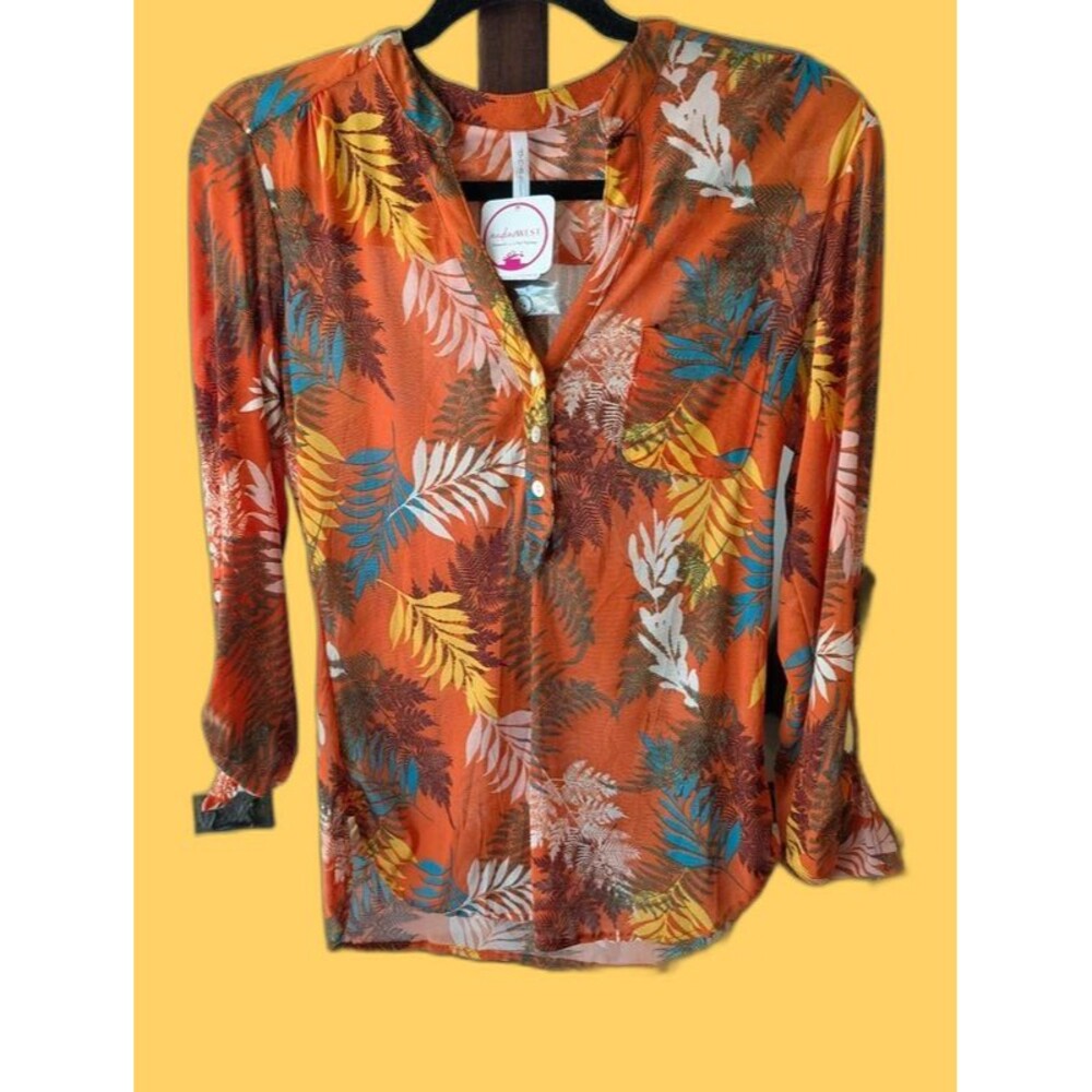 DNA Couture Orange Tropical Leaf Print Roll-Tab Blouse - Size Medium
